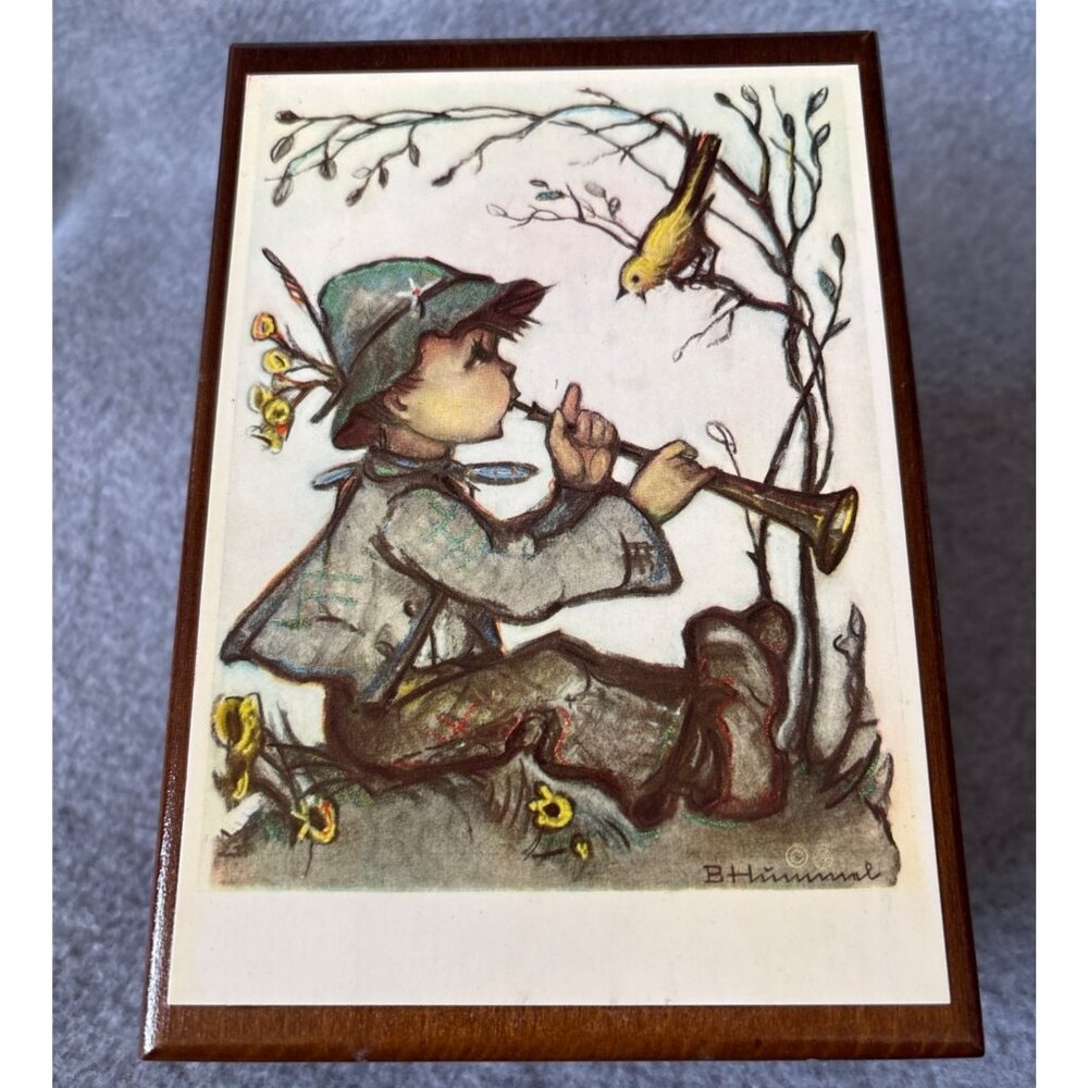 Vintage Swiss Music Box Hummel Boy Playing Flute Artwork & Thorens Yellow Bird T